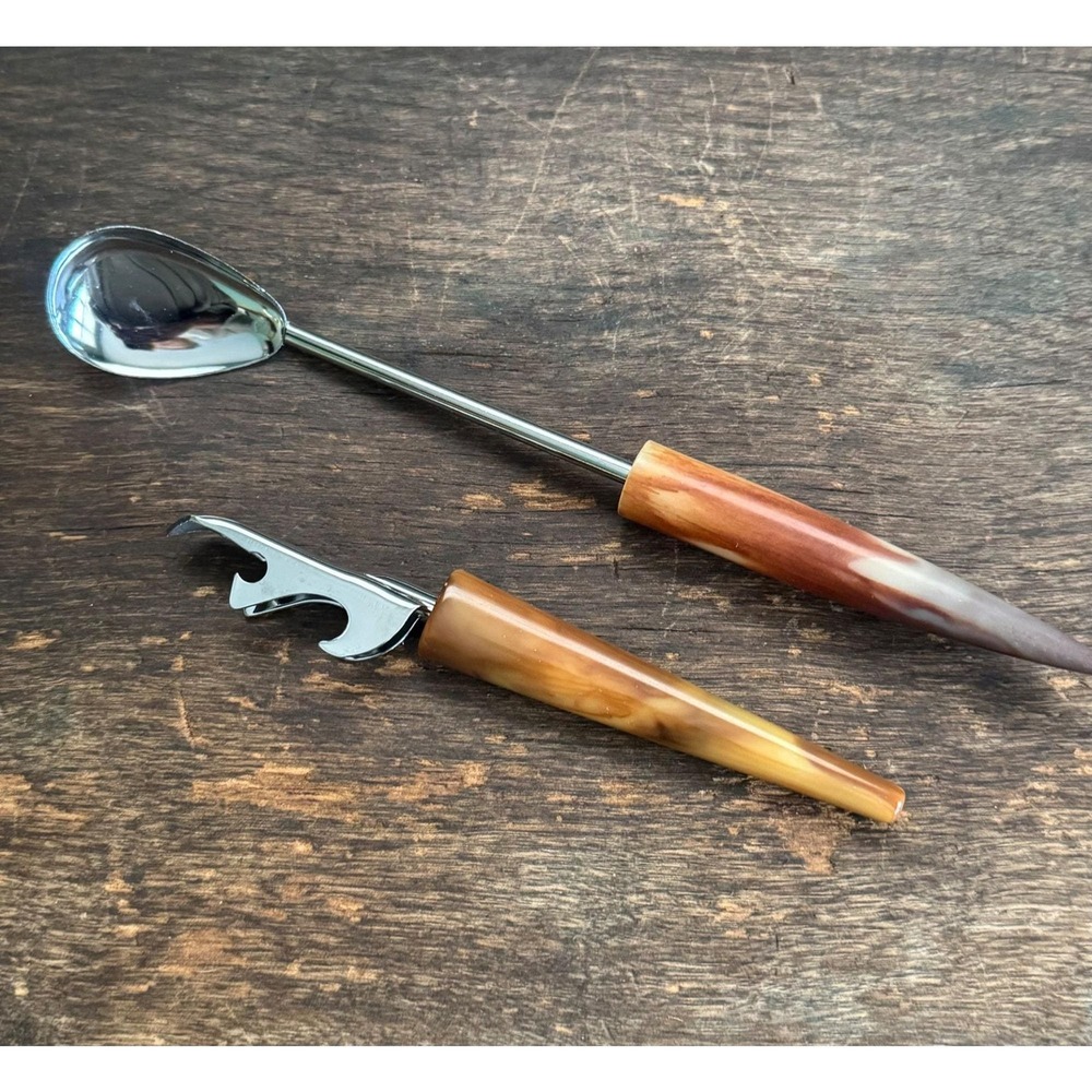 Bakelite Barware Butterscotch Tortoise Swirl Bottle Opener Iced Tea Spoon Stirre